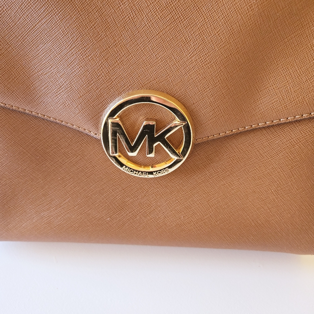 Michael Kors MK Classic Logo Hudson Saffiano Leather Handbag Satchel Brown Gold - Picture 7 of 16